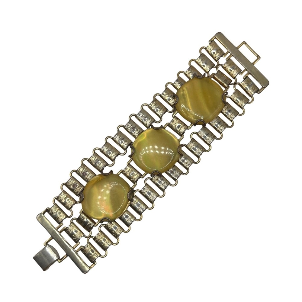Vintage MCM Brutalist Moonglow Bracelet BR Yellow Gold Tone Wide Panel Retro